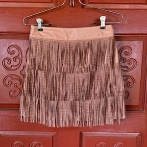 Blue‎ B Collection Mini Skirt Faux Leather Fringe Western Camel Tiered Small